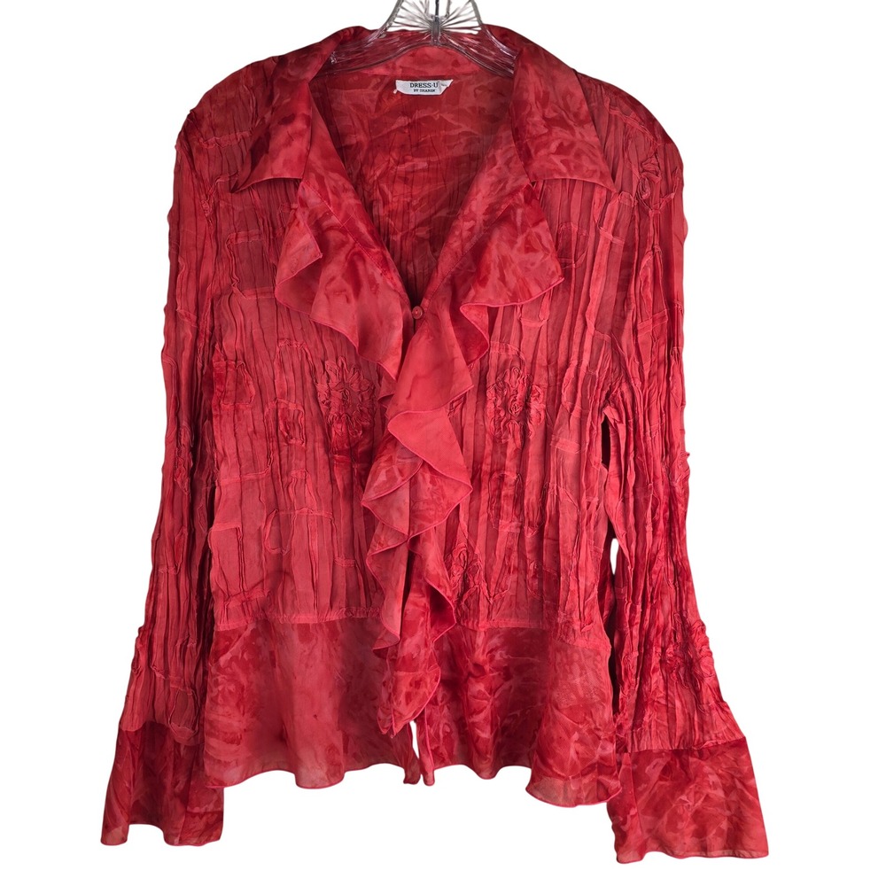 Y2K Whimsigoth‎ Pink Textured Plissé Ruffle Front Blouse Dress-U by Sharon XL